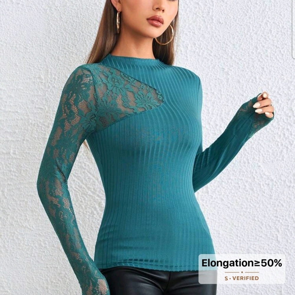 Elegant Teal Lace Sleeve Top